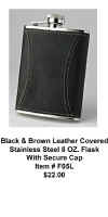Black & Brown Leather Covered 8 OZ. Flask With Secure Cap (Click Here To Enlarge)